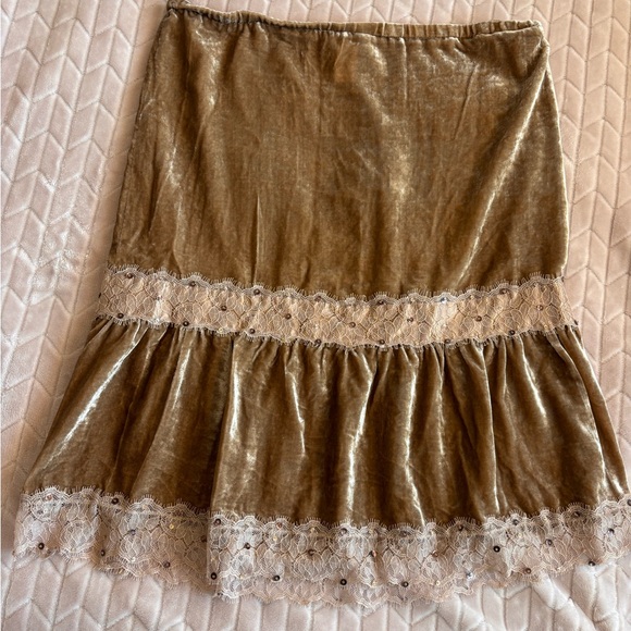 Whimsigoth Fairycore Gold Velvet Skirt Eyelash Lace Trim Sequin Boho Grunge Sz L - Picture 2 of 8